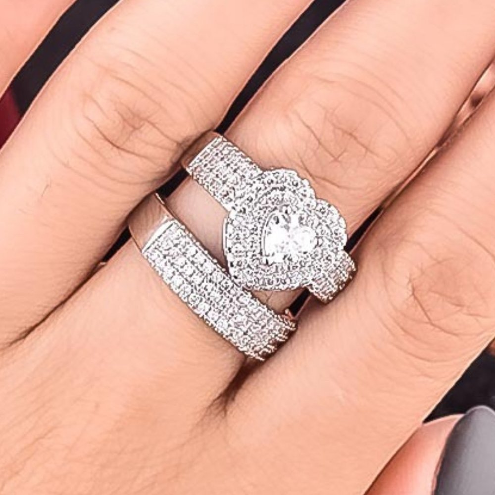 NEW 2PC/Set 925 Silver Diamond Halo Heart Ring